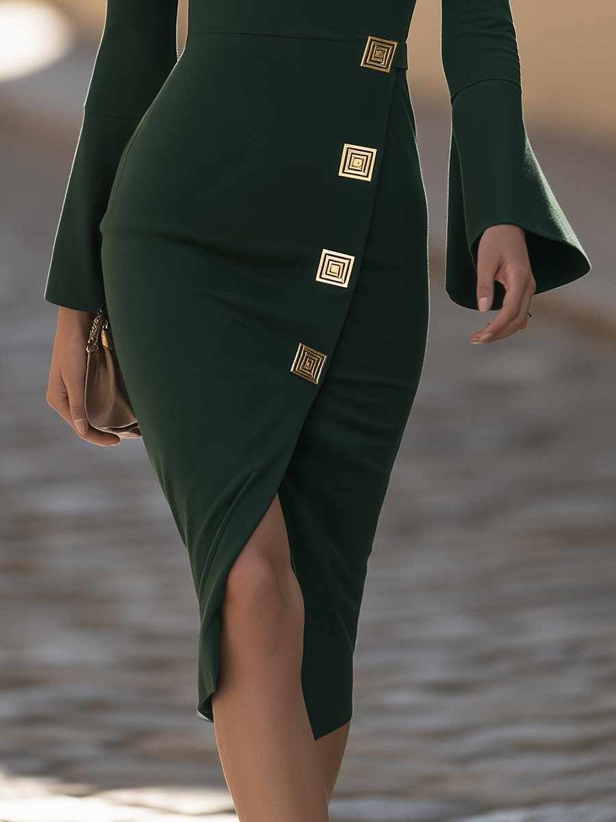 Resort-style High-neck Long-sleeved Button-down Midi Dress