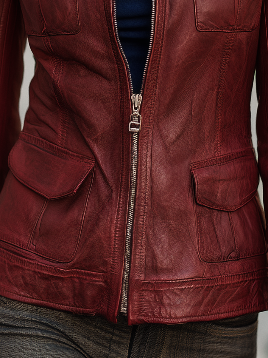 Resort Style Crew Neck Long Sleeve Solid Color Leather Jacket