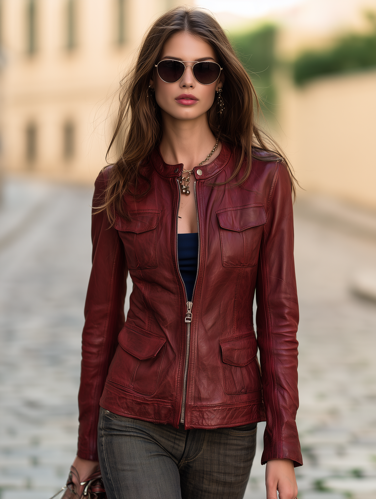 Resort Style Crew Neck Long Sleeve Solid Color Leather Jacket