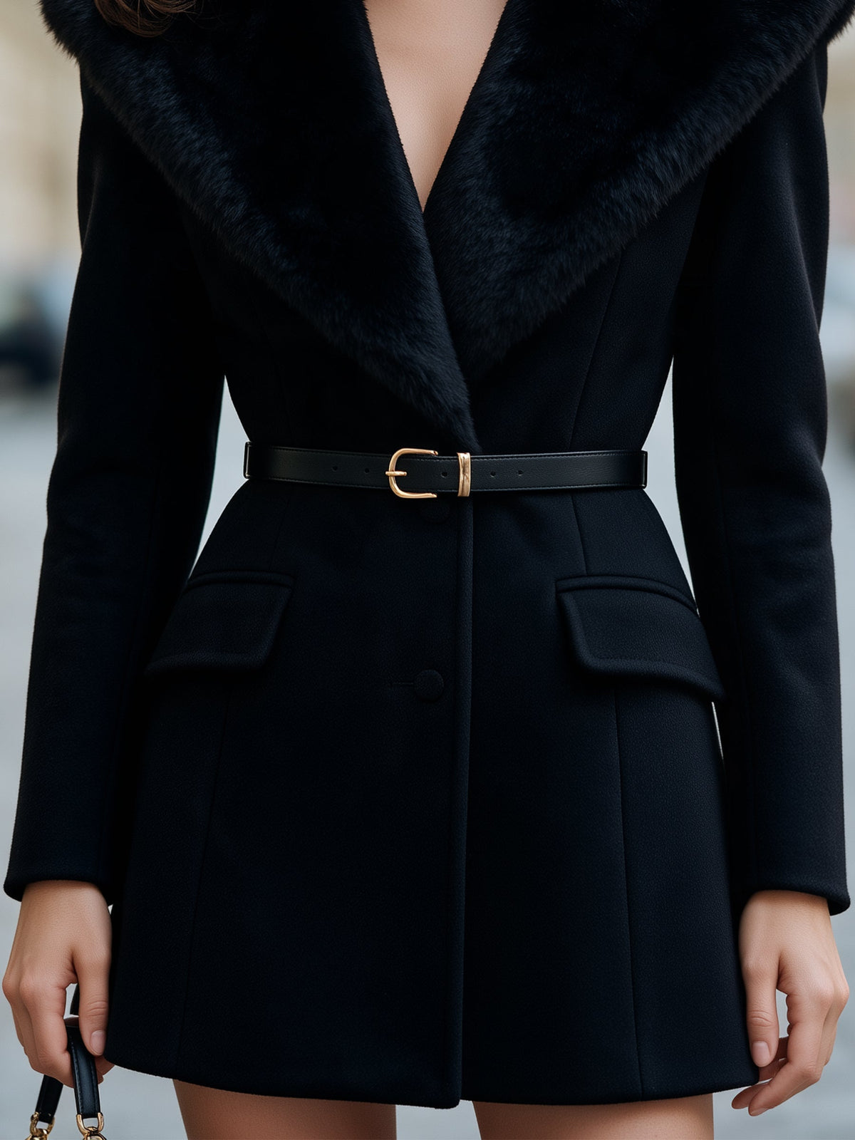 Faux Fur Collar Belted Woolen Blazer Coat