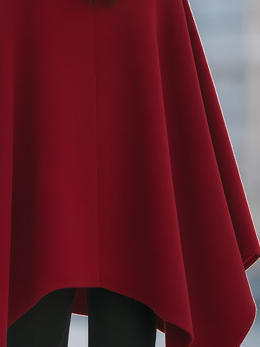 Burgundy Stand Collar Button Front Wool Cape Coat