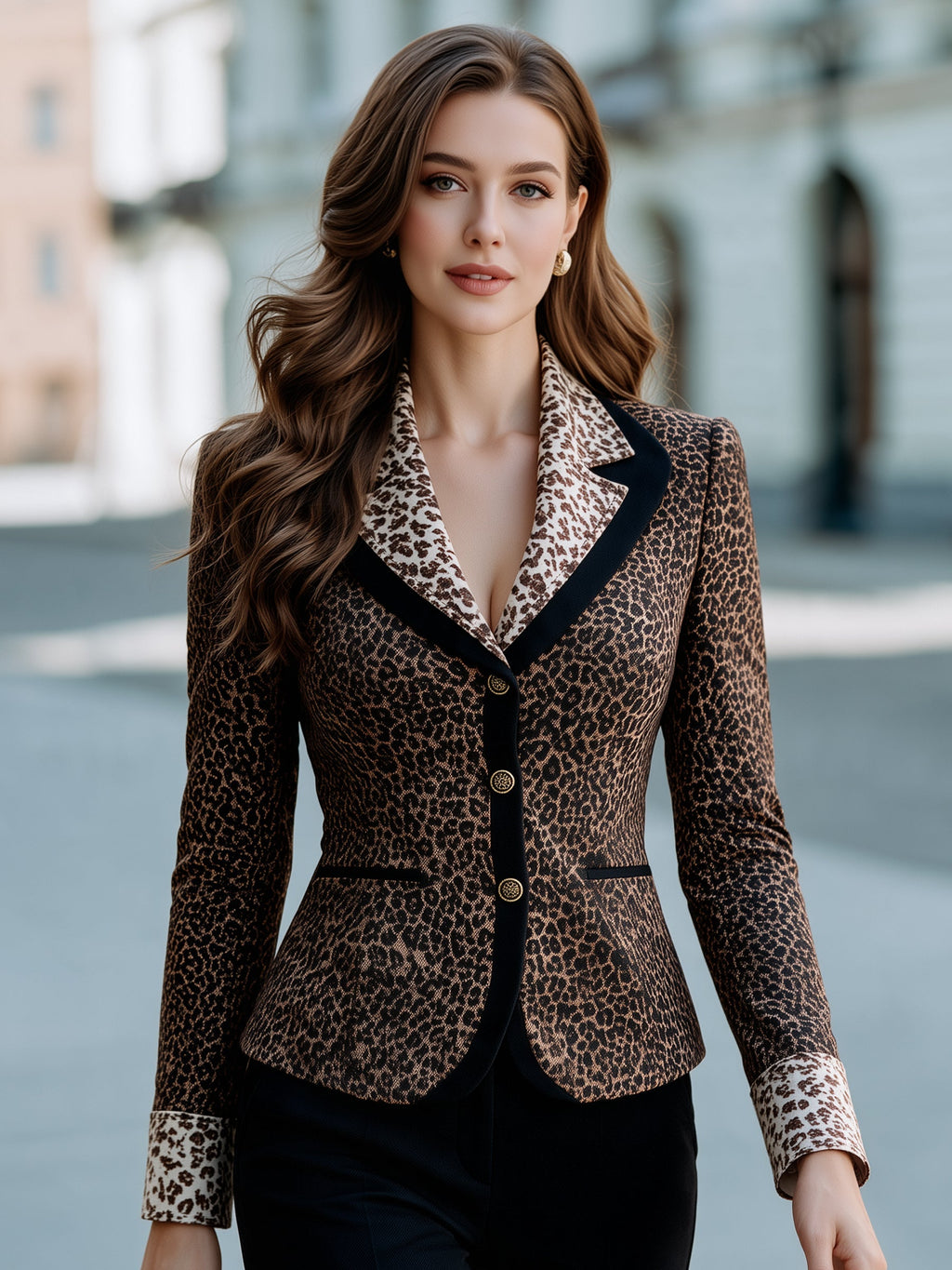 Leopard Print Contrast Lapel Tailored Blazer