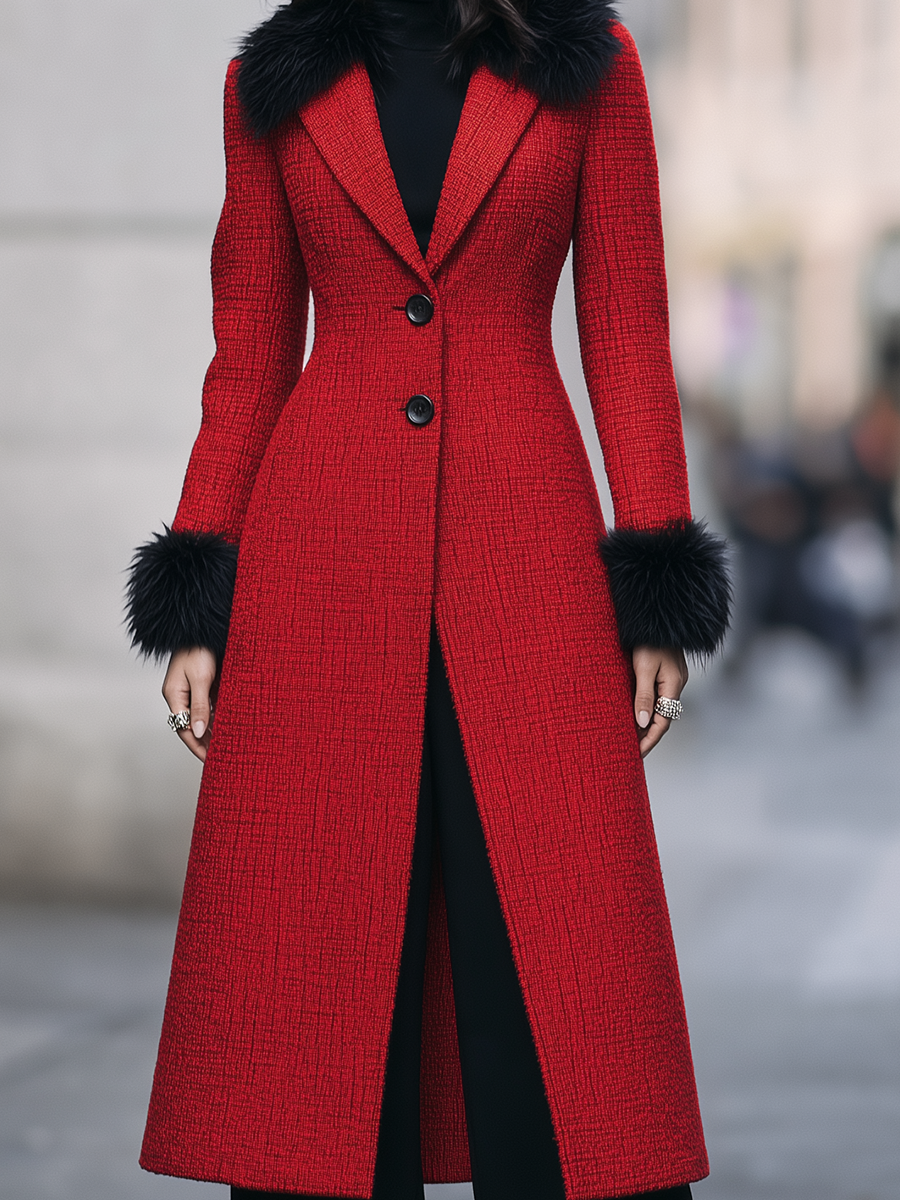 Red Tweed Fitted Midi Coat