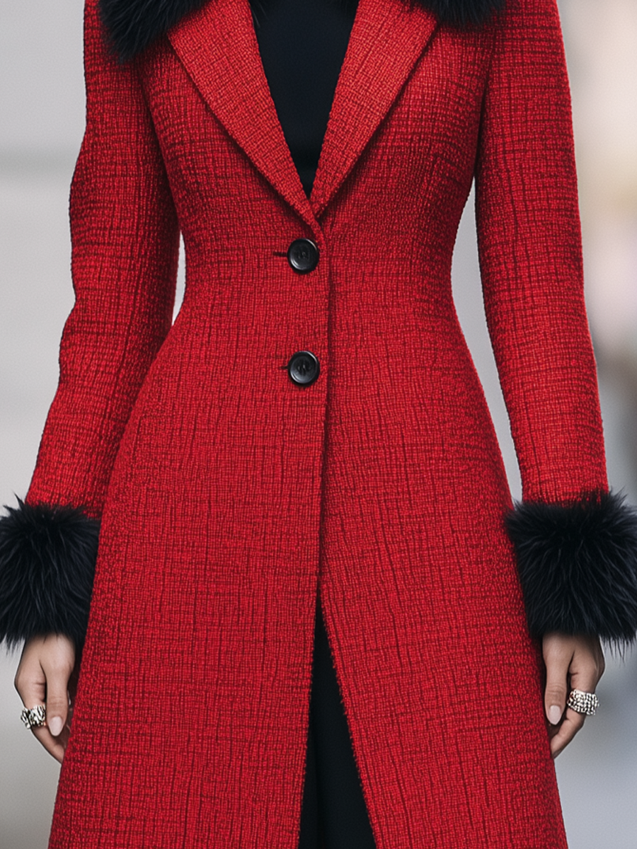 Red Tweed Fitted Midi Coat