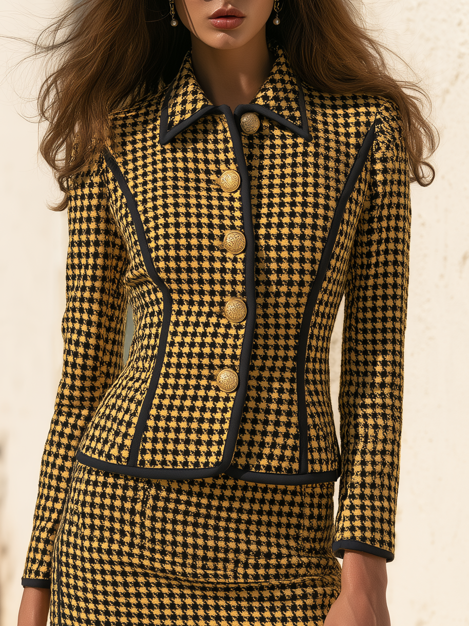 Retro Houndstooth Lapel Jacket And Mini Skirt Set