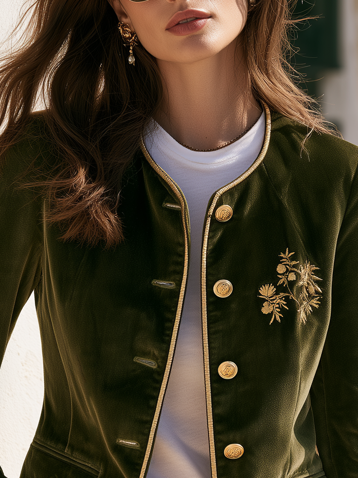 Vintage Floral Embroidered Round Neck Velvet Jacket