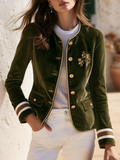 Vintage Floral Embroidered Round Neck Velvet Jacket