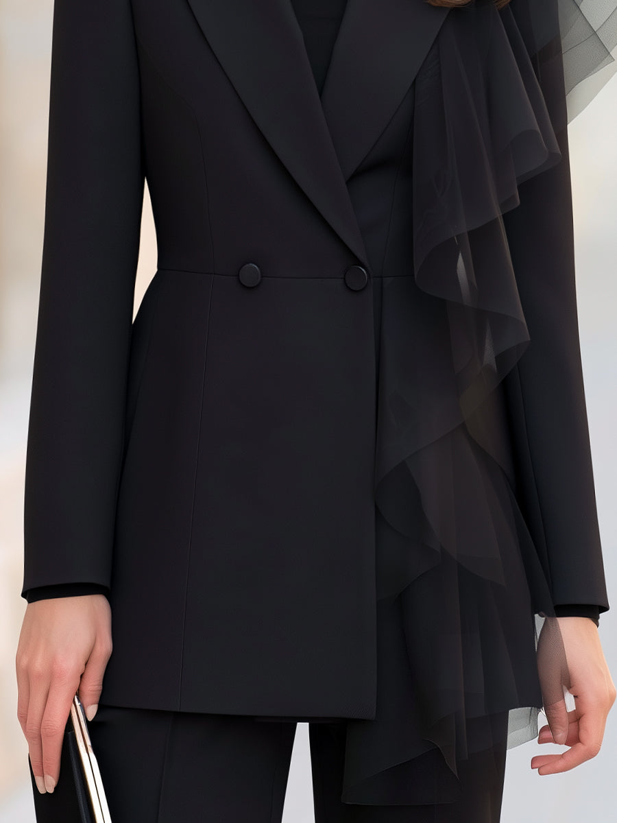 Sheer Tulle Ruffle Double-Breasted Blazer