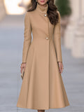Elegant Camel Stand Collar Double Button A-Line Wool Coat