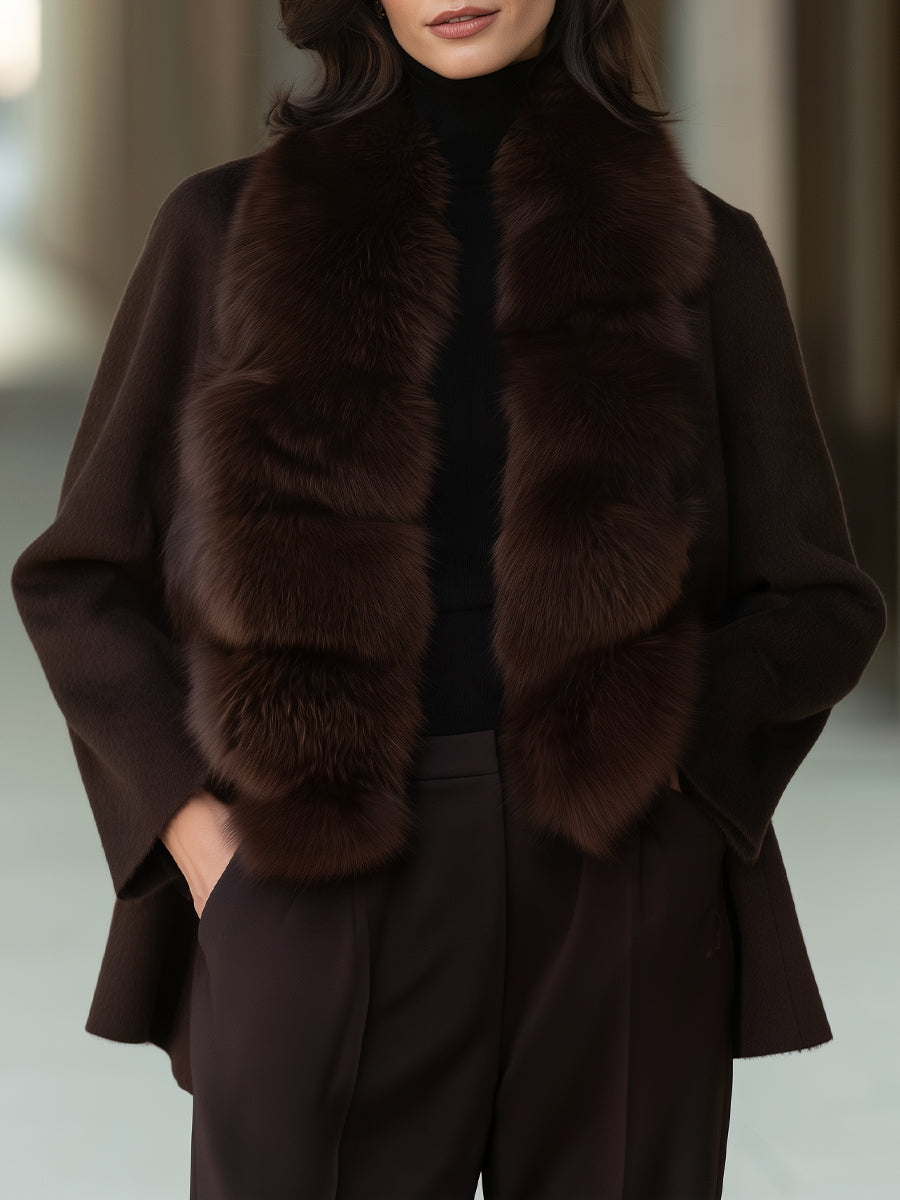 Plush Faux Fur Collar Woolen Open-Front Coat