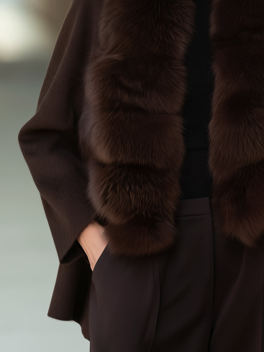 Plush Faux Fur Collar Woolen Open-Front Coat
