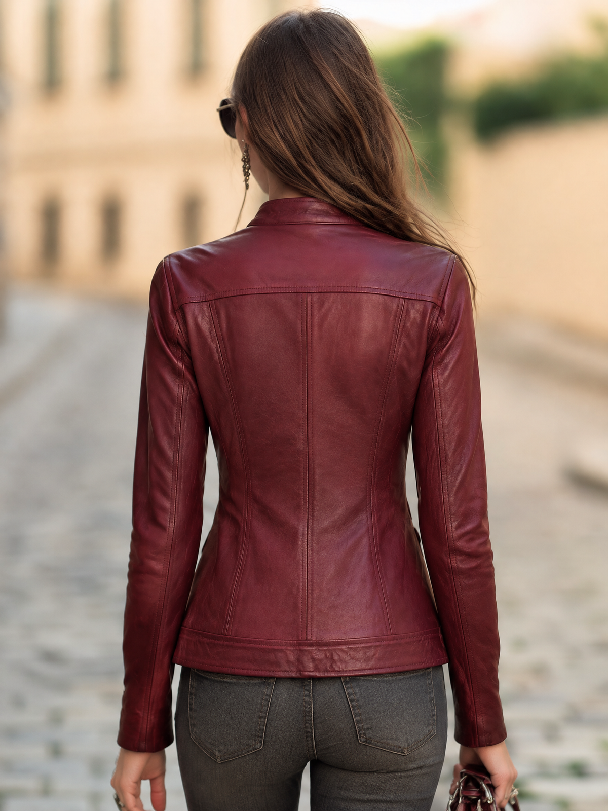 Resort Style Crew Neck Long Sleeve Solid Color Leather Jacket