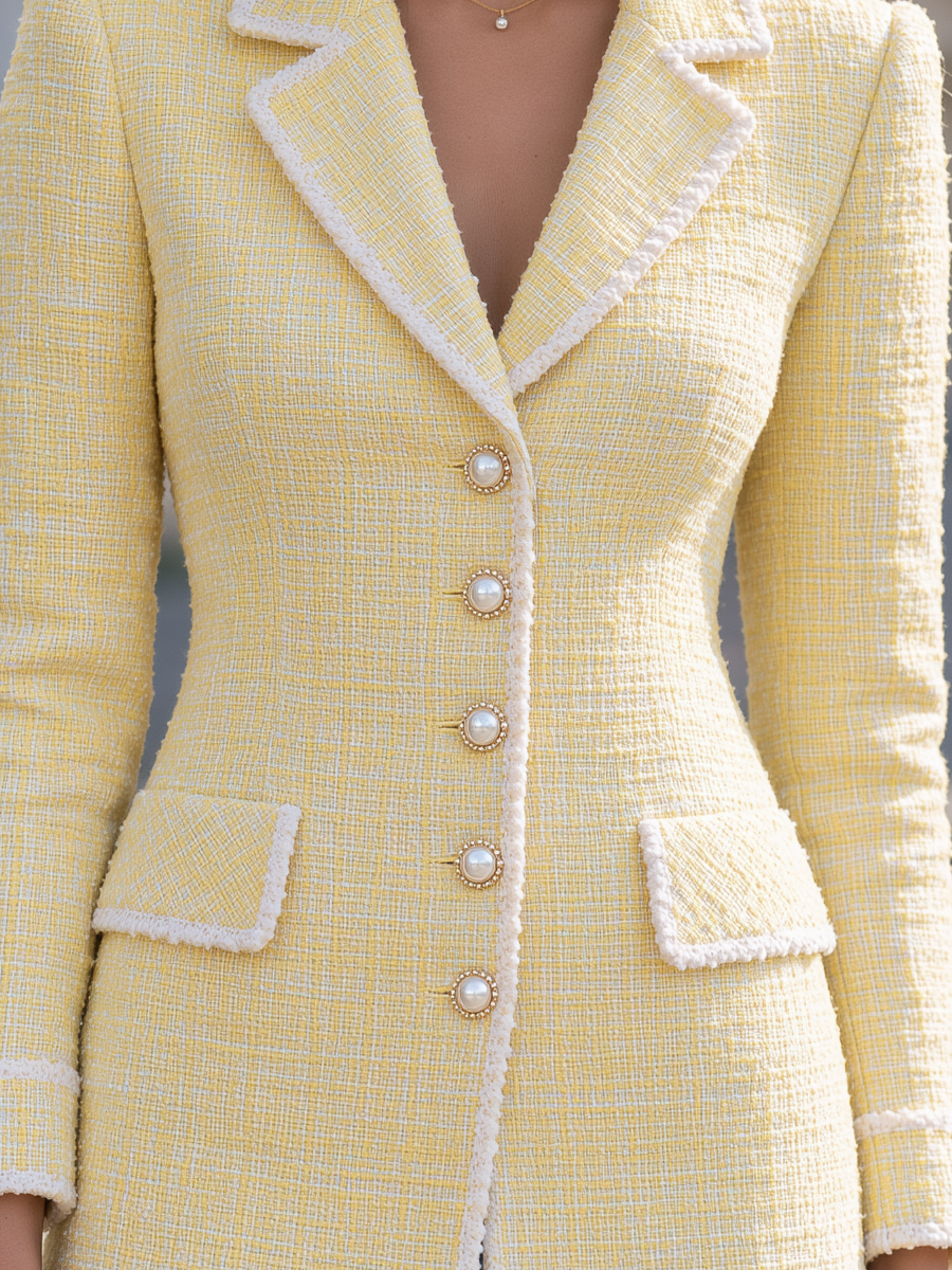 Classic Notched Lapel Pearl Button Fitted Tweed Blazer