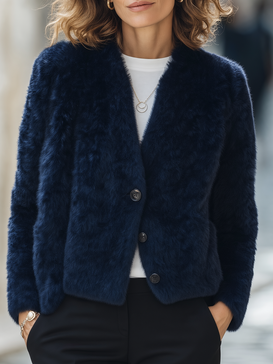 Navy Blue Faux Fur V-Neck Button Front Cropped Jacket