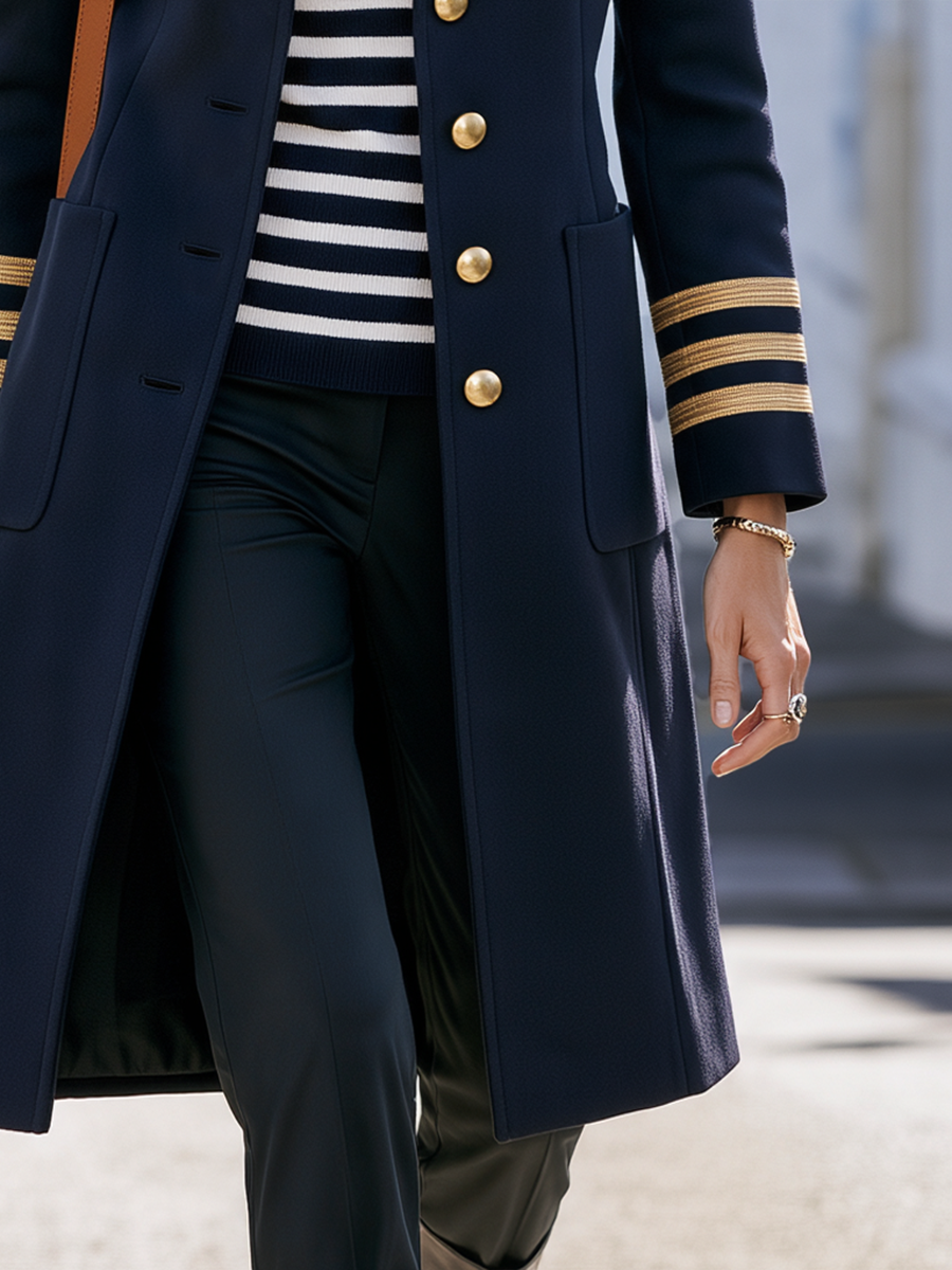 Navy Military Style Stand Collar Gold Button Striped Cuff Detail Coat