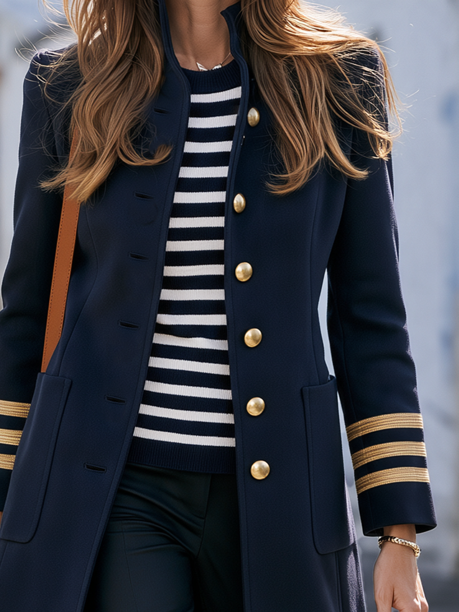 Navy Military Style Stand Collar Gold Button Striped Cuff Detail Coat