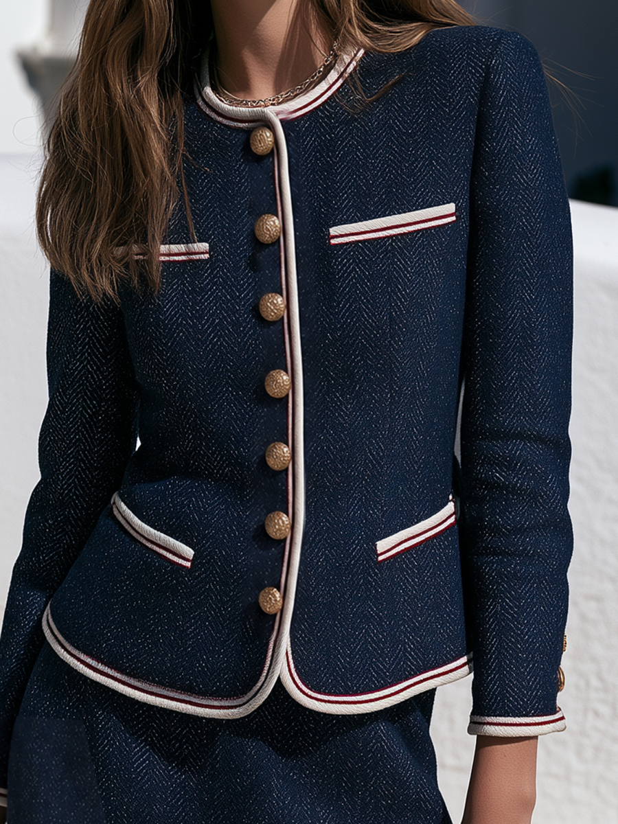 Elegant Navy Herringbone Tweed Contrast Piping Round Neck Gold ButtonMini Skirt Set