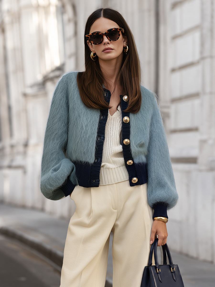 Luxurious Fluffy Mohair Crew Neck Color-blocked Ribbed Blend Color-blocked Knit Cardigan