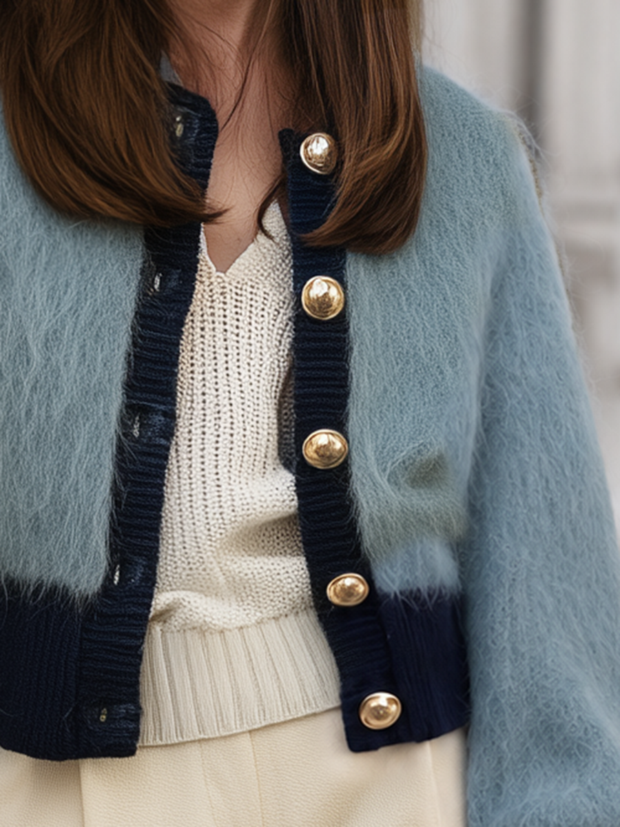 Luxurious Fluffy Mohair Crew Neck Color-blocked Ribbed Blend Color-blocked Knit Cardigan