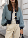 Luxurious Fluffy Mohair Crew Neck Color-blocked Ribbed Blend Color-blocked Knit Cardigan