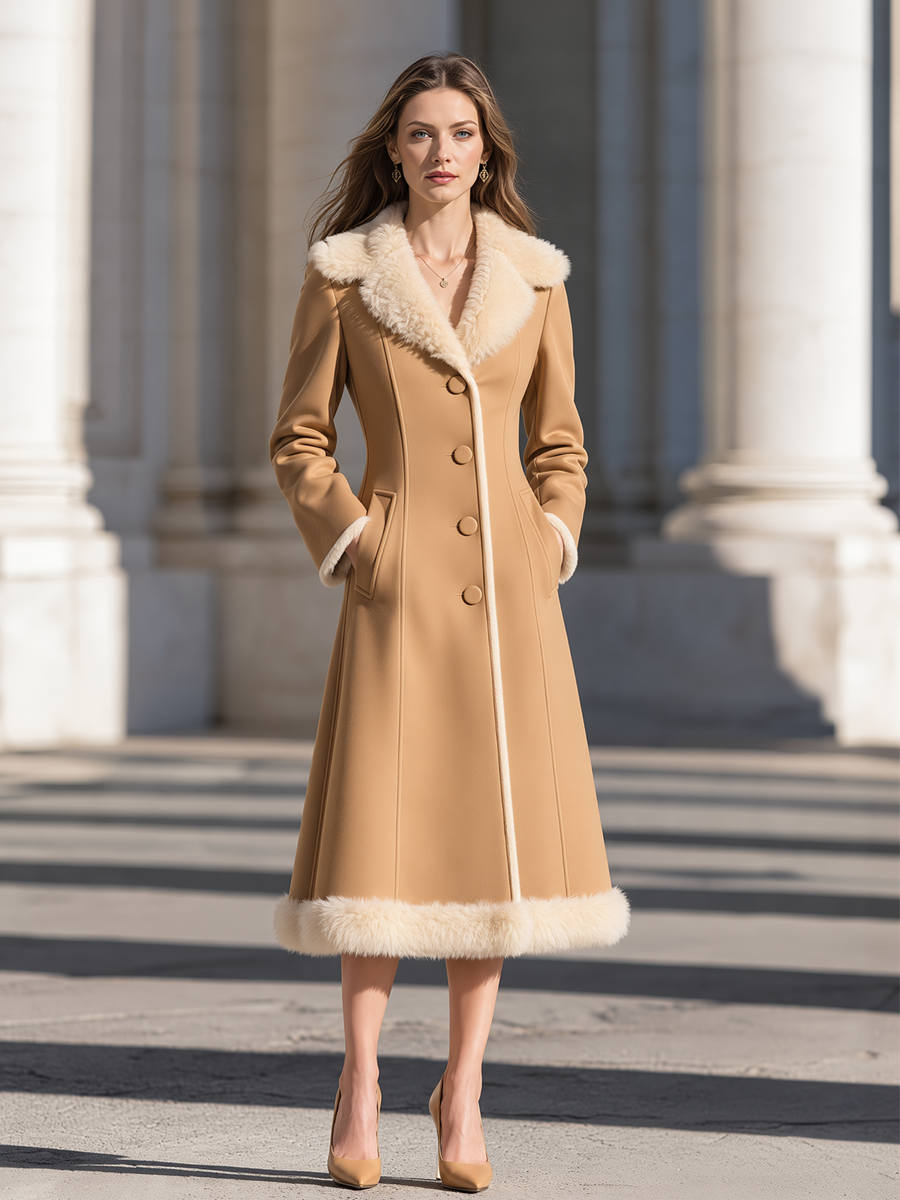 Elegant Faux Fur Collar And Hem Fitted Wool Blend Midi Coat
