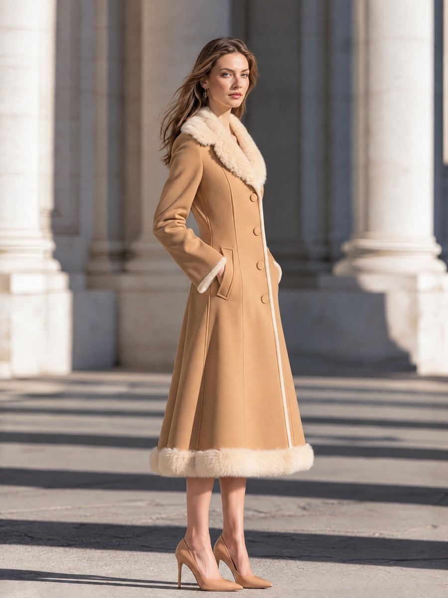 Elegant Faux Fur Collar And Hem Fitted Wool Blend Midi Coat