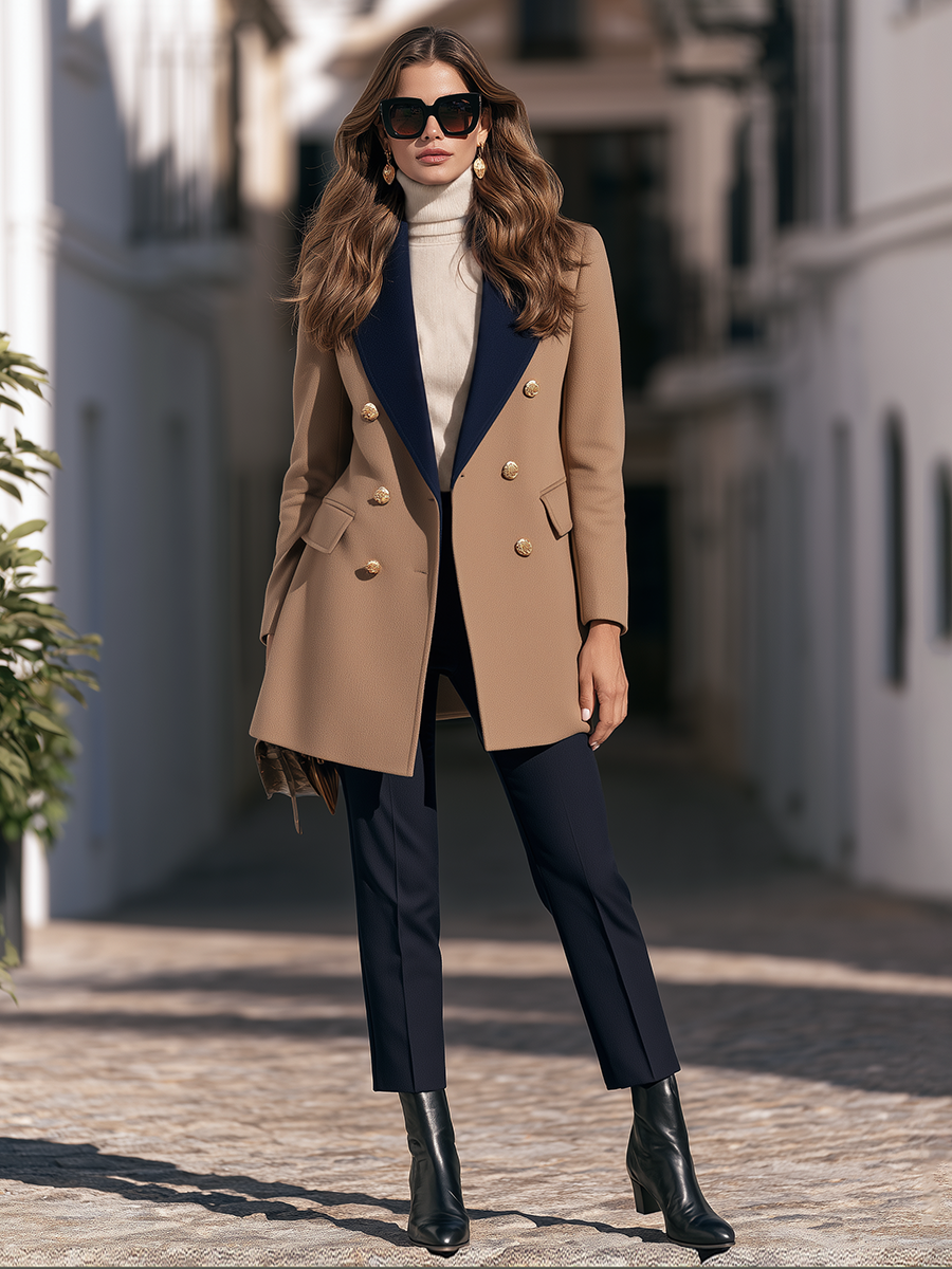 Camel Contrast Navy Peak Lapel Gold Buttons Tailored Mid-Length Coat