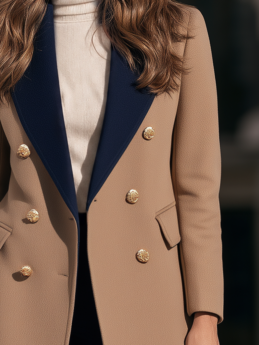 Camel Contrast Navy Peak Lapel Gold Buttons Tailored Mid-Length Coat