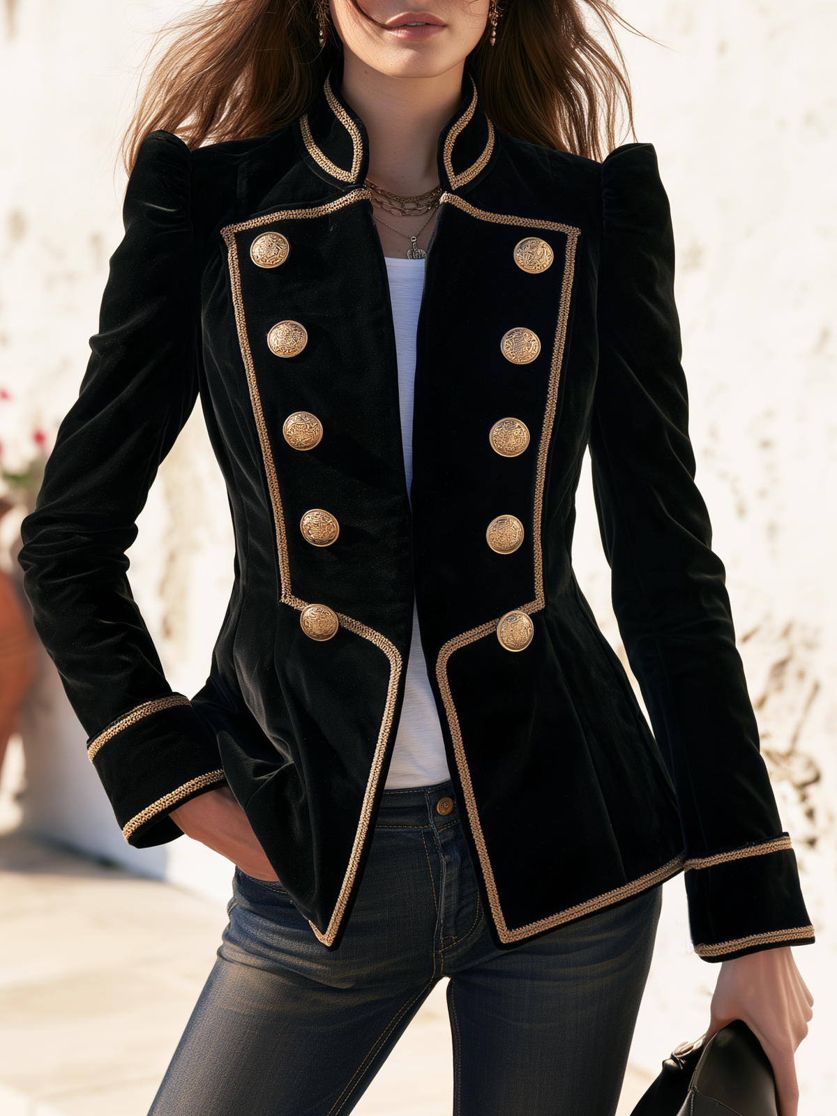 Retro Military Style Stand Collar Double-breasted Decorative Buttons Velvet Jacket