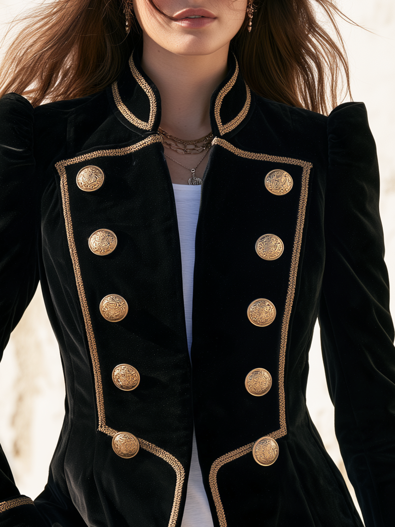 Retro Military Style Stand Collar Double-breasted Decorative Buttons Velvet Jacket