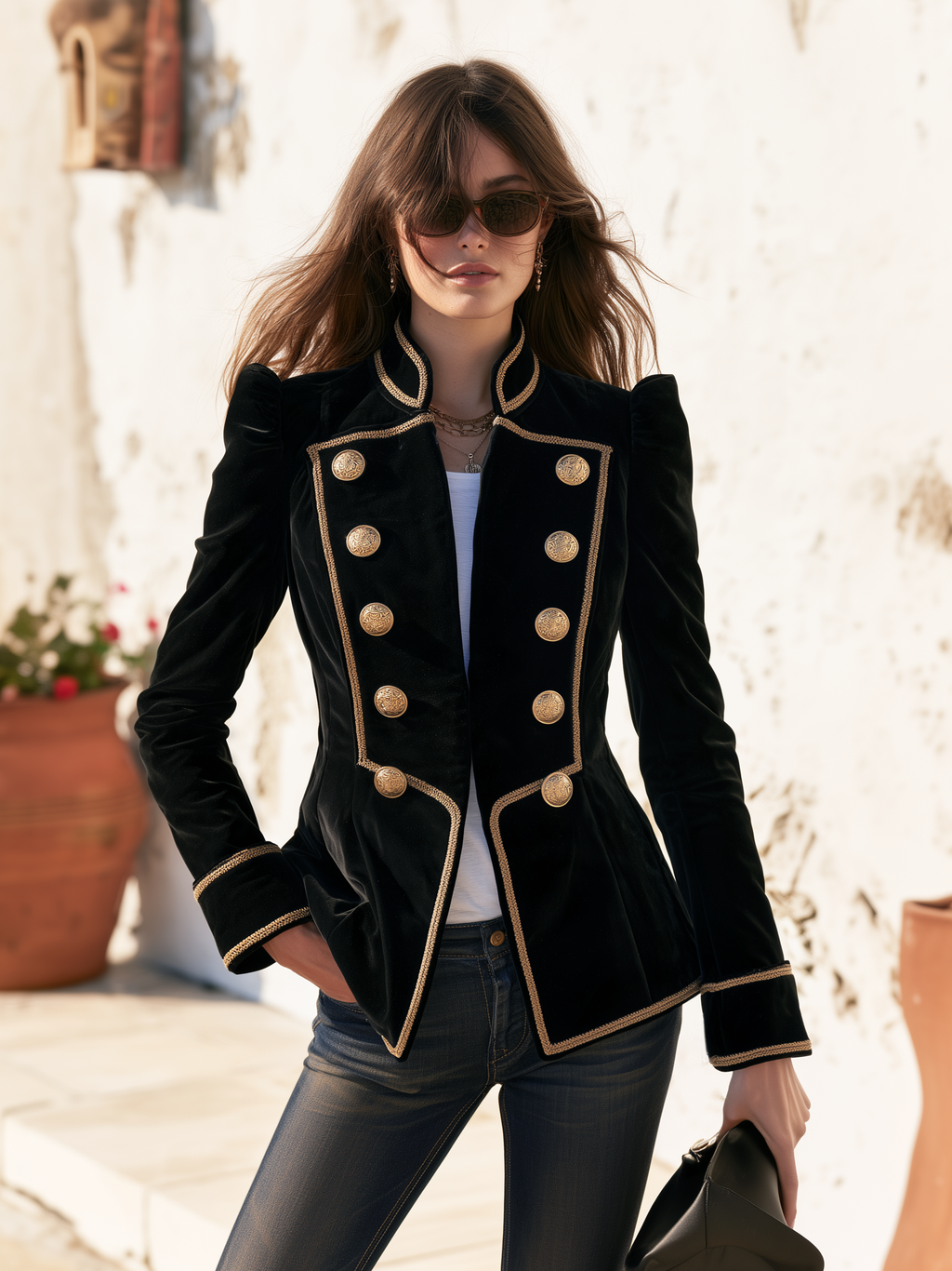 Retro Military Style Stand Collar Double-breasted Decorative Buttons Velvet Jacket