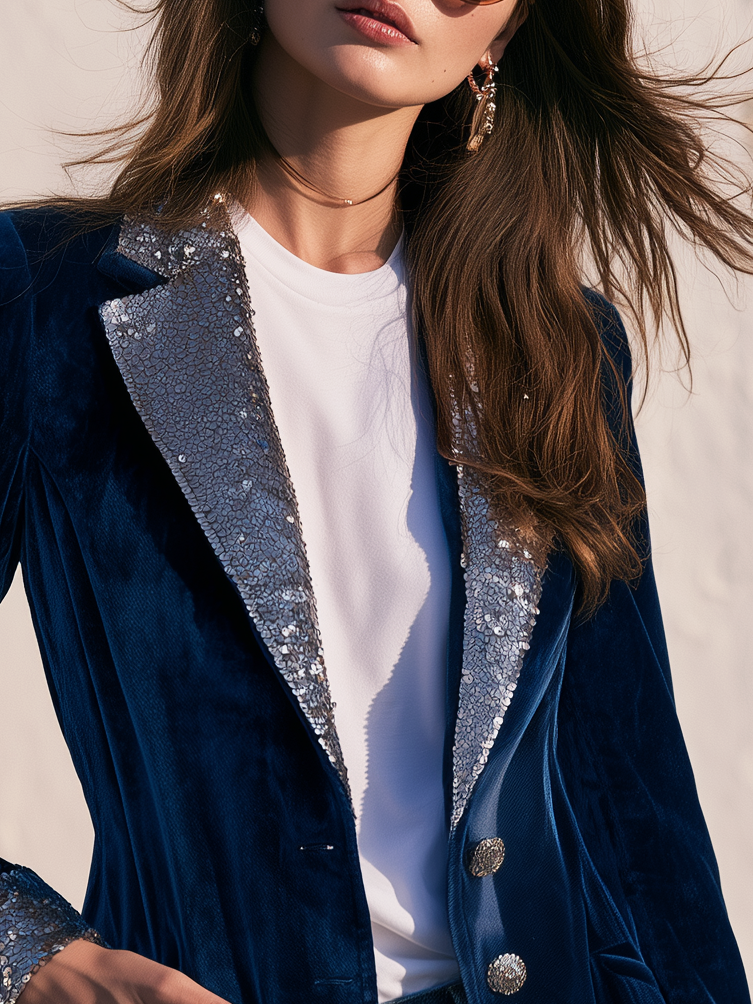 Trendy Retro Sequin Collar Velvet Blazer