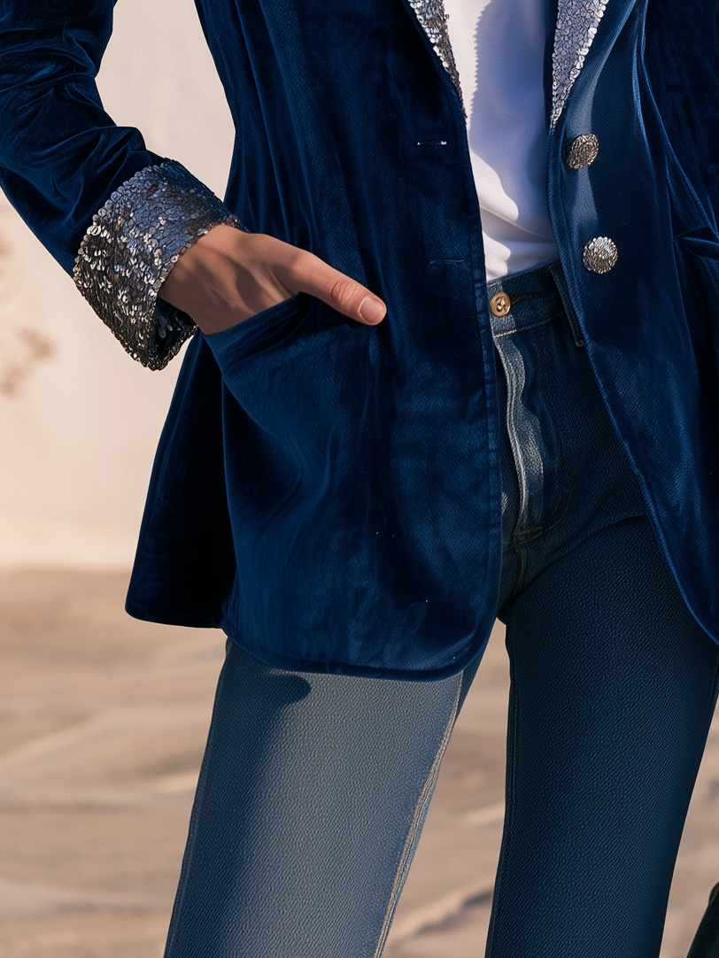 Trendy Retro Sequin Collar Velvet Blazer