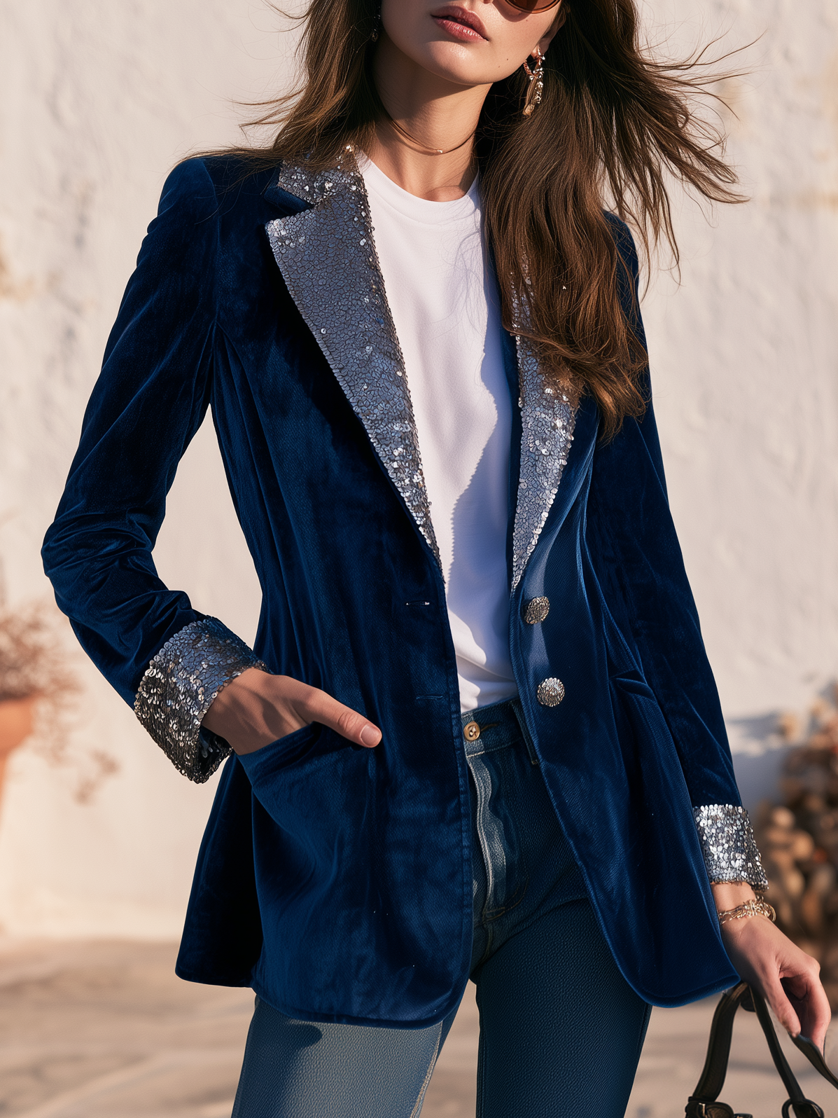 Trendy Retro Sequin Collar Velvet Blazer