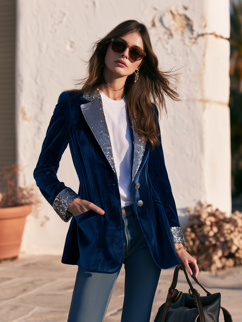 Trendy Retro Sequin Collar Velvet Blazer