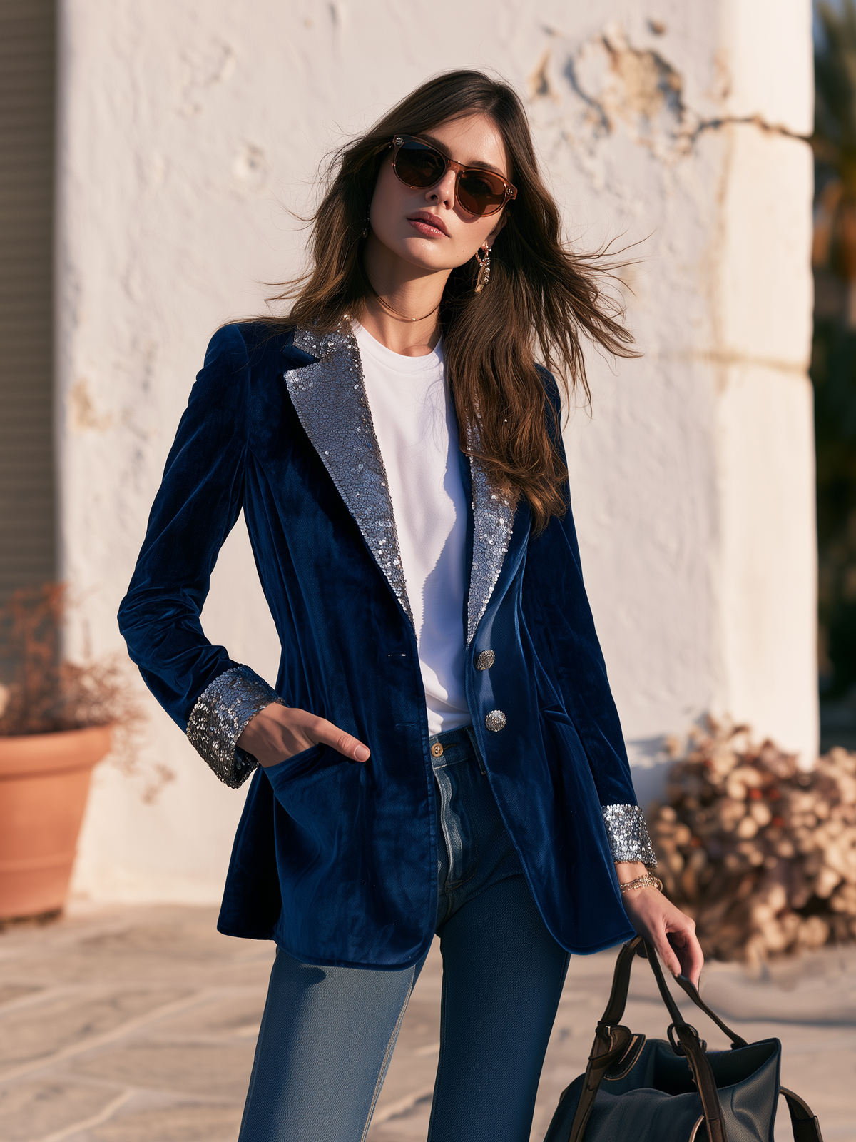 Trendy Retro Sequin Collar Velvet Blazer
