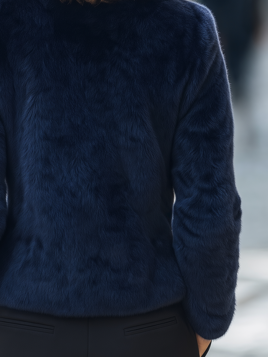 Navy Blue Faux Fur V-Neck Button Front Cropped Jacket