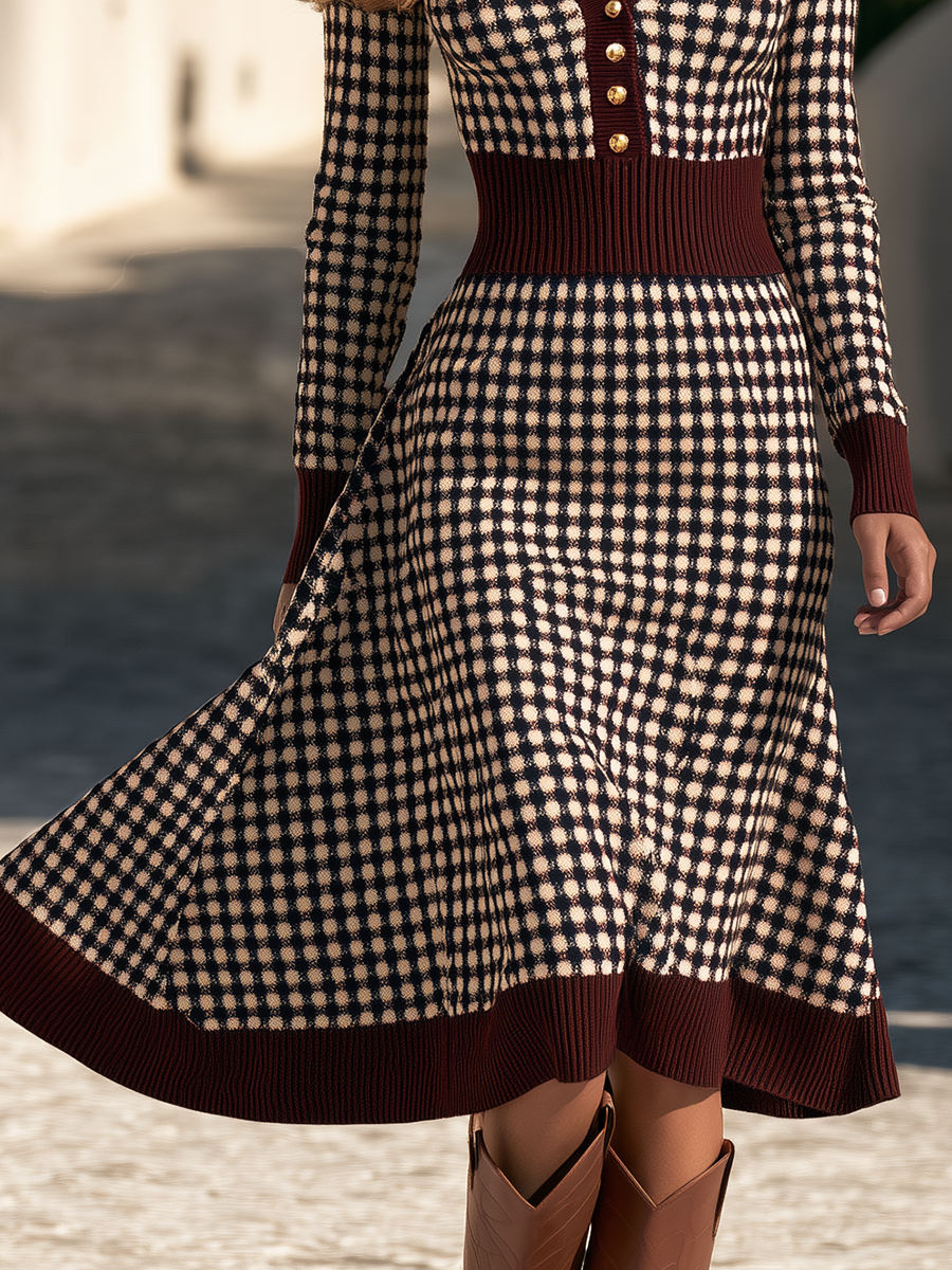 Vintage-inspired Polka-dot Jacquard Burgundy Knit Midi Dress