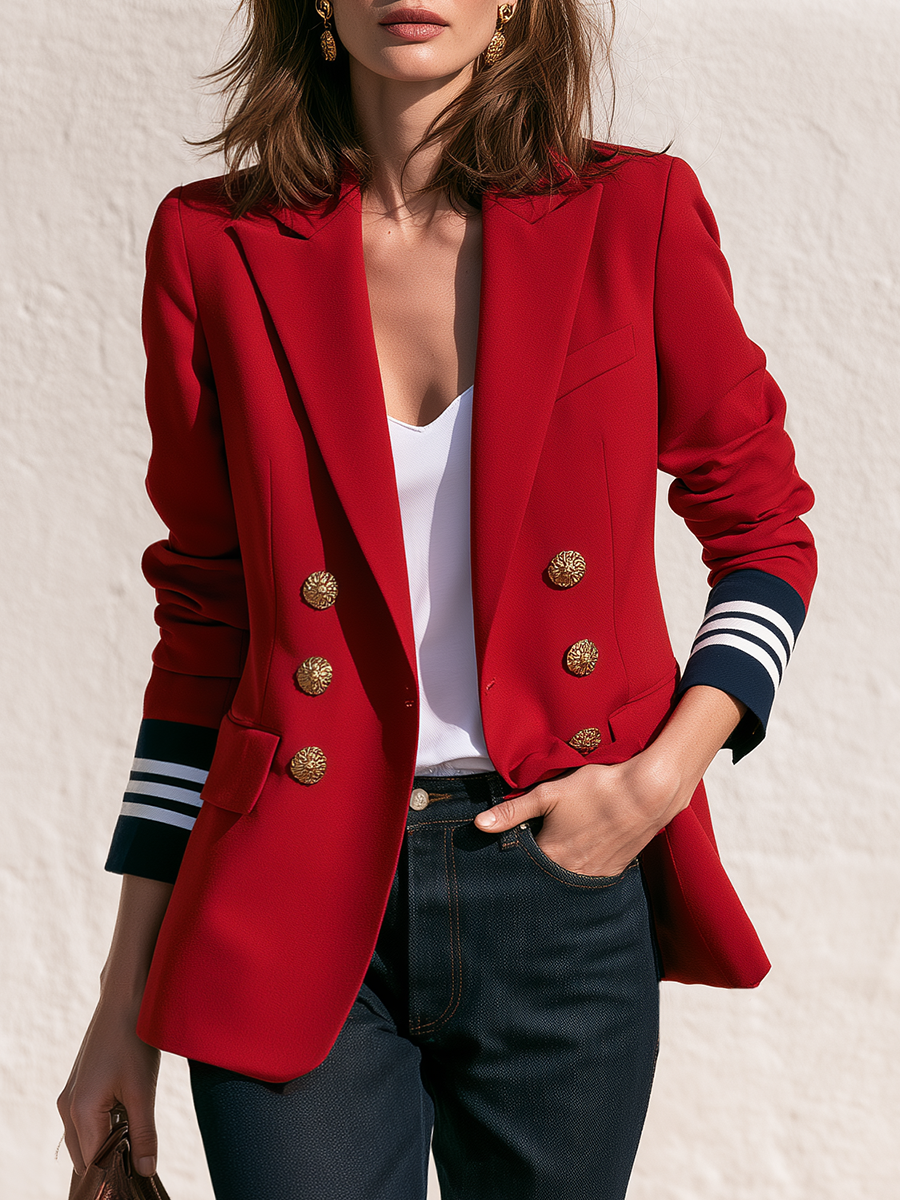 Vintage-chic Contrasting-colored Collar Red Long-sleeved Blazer