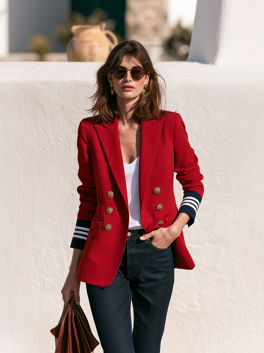 Vintage-chic Contrasting-colored Collar Red Long-sleeved Blazer