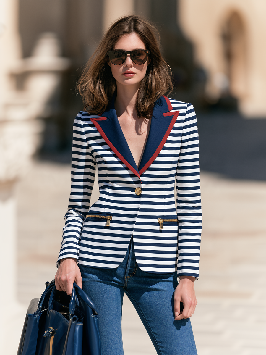 Vintage Nautical-style Contrasting-colored Collar Blue Striped Blazer