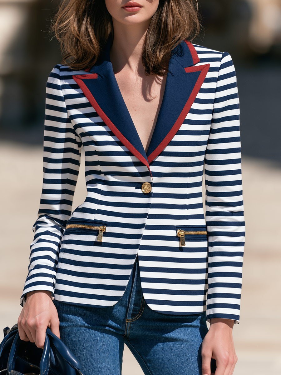 Vintage Nautical-style Contrasting-colored Collar Blue Striped Blazer