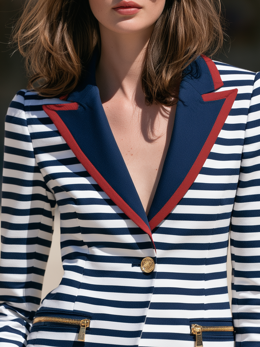 Vintage Nautical-style Contrasting-colored Collar Blue Striped Blazer