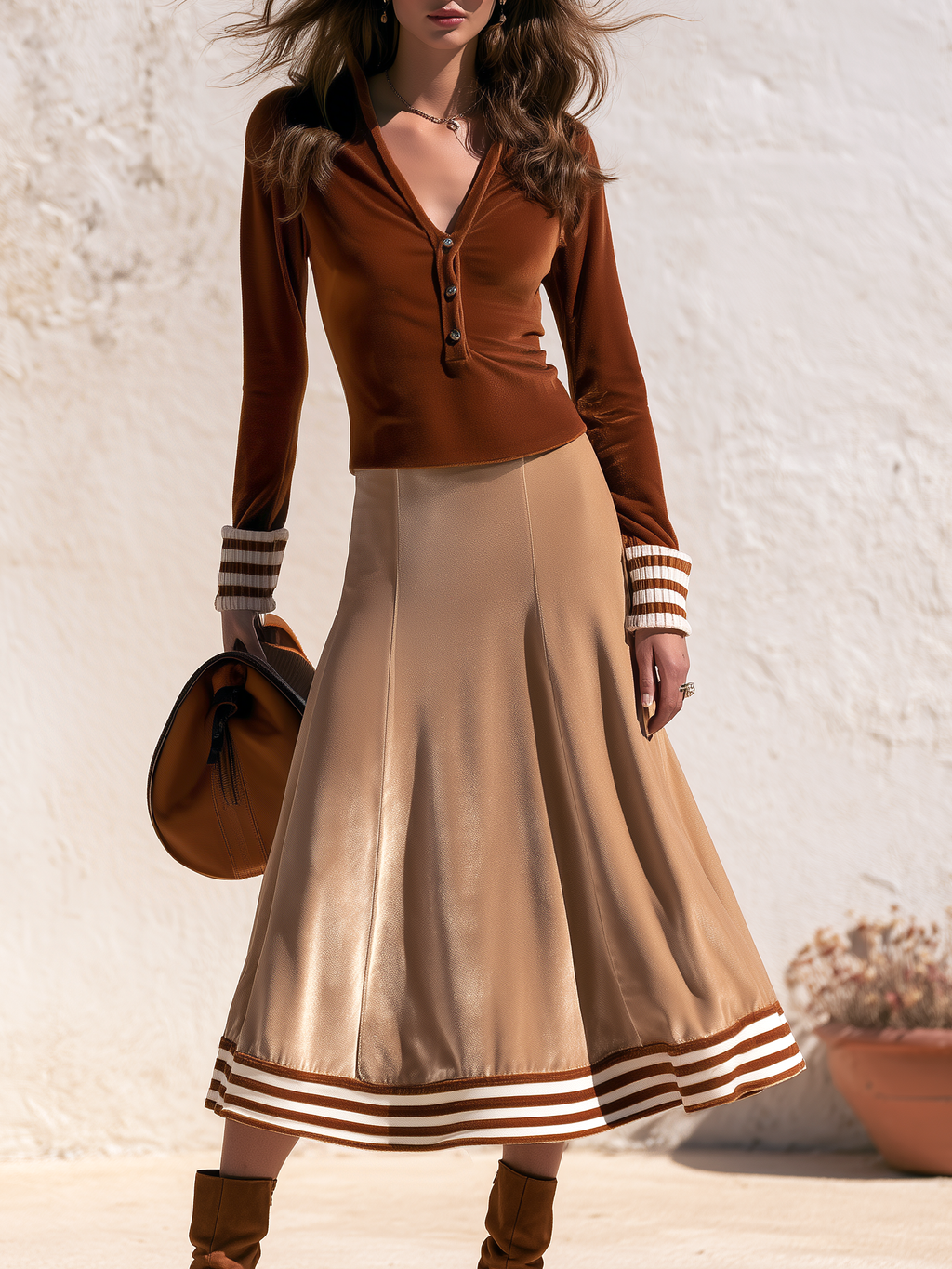 Elegant Resort V-neck Long-sleeve Velvet T-shirt And Velvet Midi Skirt Set