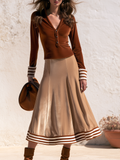 Elegant Resort V-neck Long-sleeve Velvet T-shirt And Velvet Midi Skirt Set