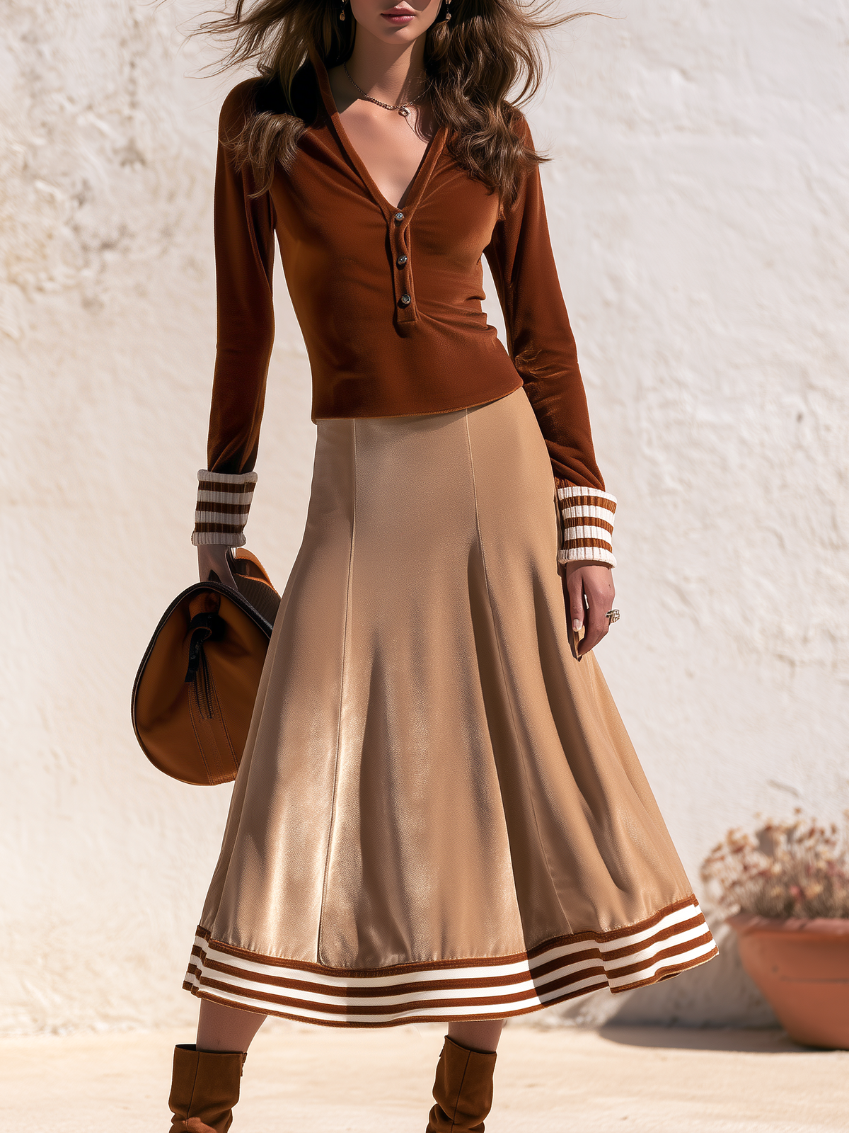 Elegant Resort V-neck Long-sleeve Velvet T-shirt And Velvet Midi Skirt Set