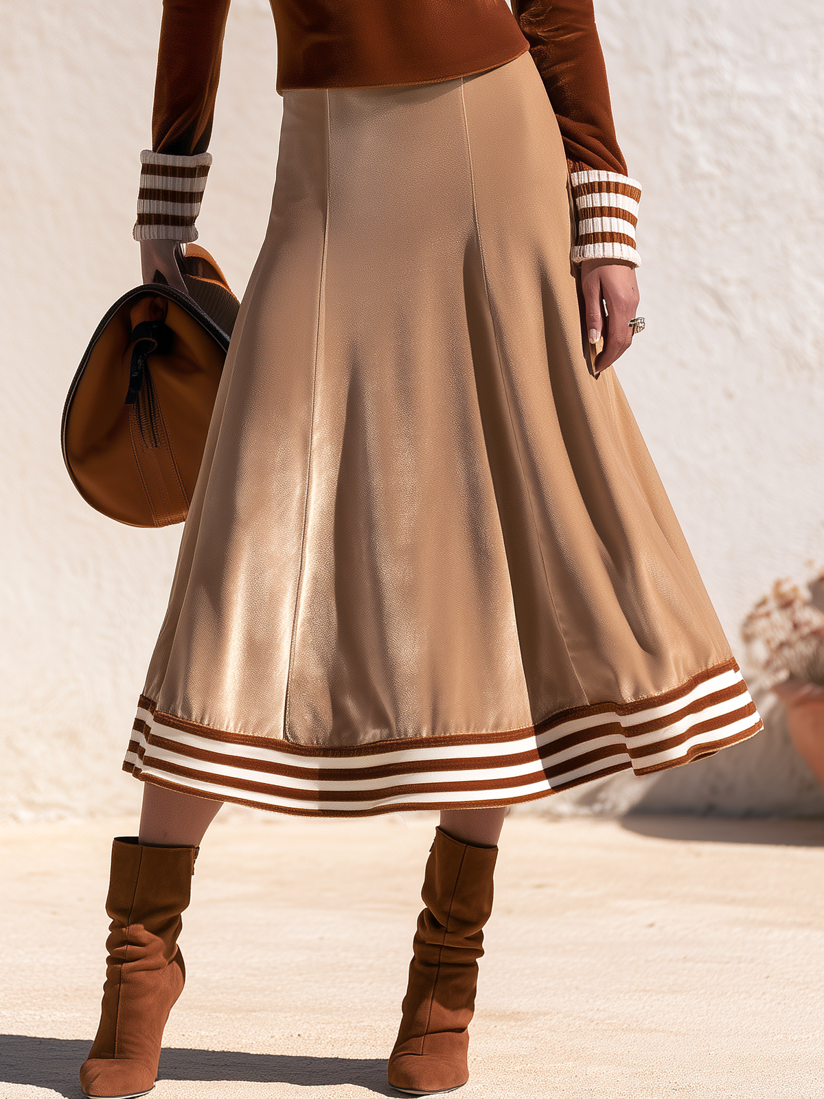 Elegant Resort V-neck Long-sleeve Velvet T-shirt And Velvet Midi Skirt Set