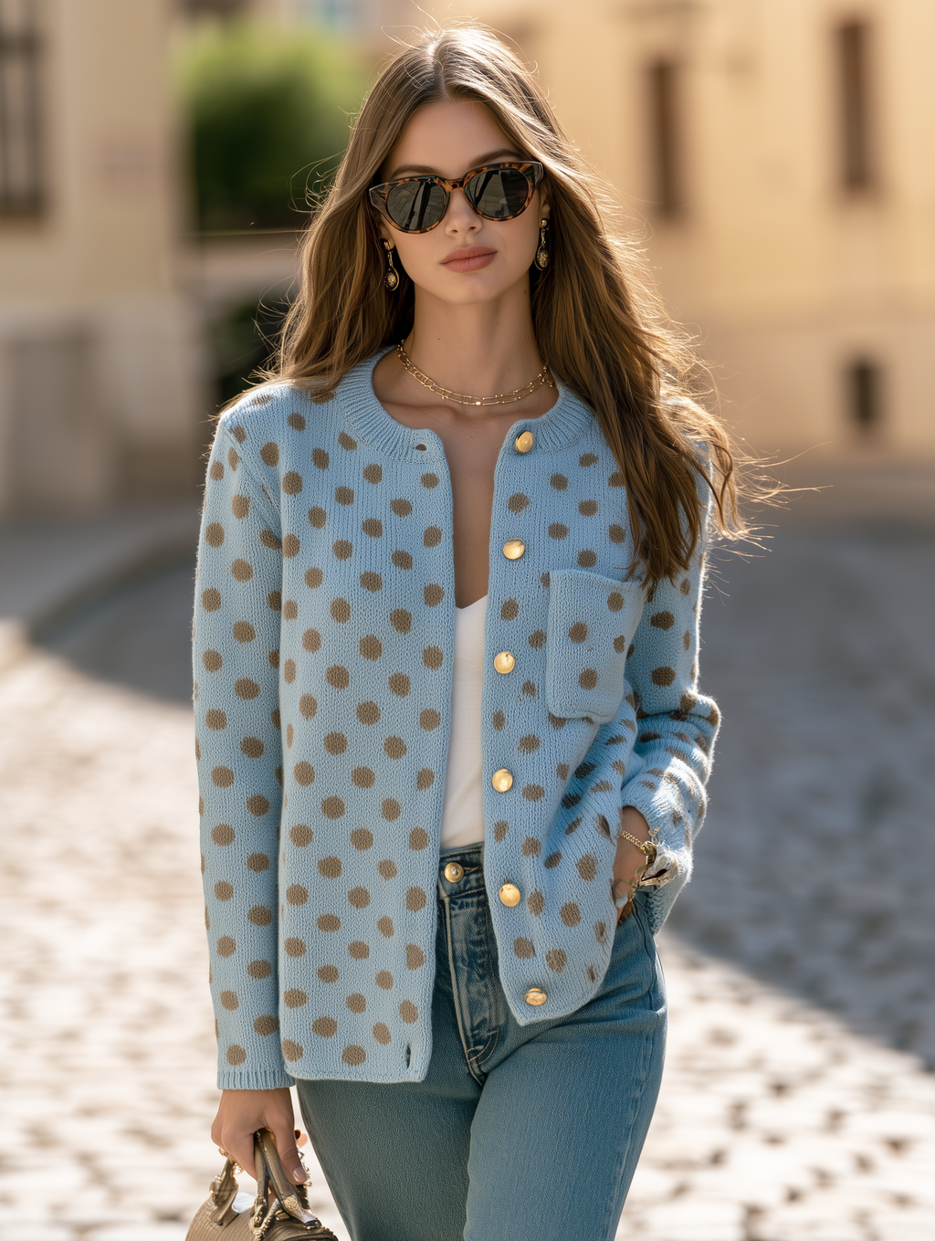 Resort Style Round Neck Polka Dot Long Sleeve Pockets Cardigan