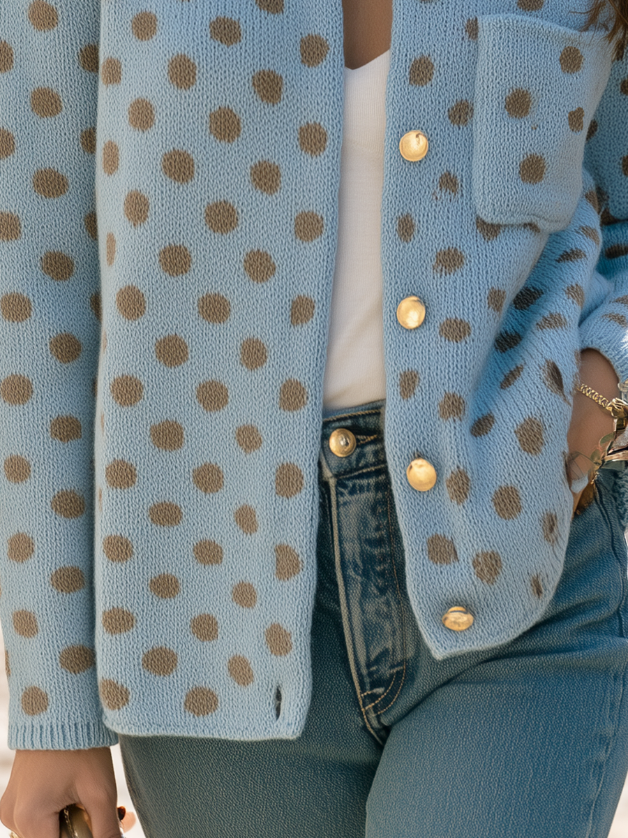 Resort Style Round Neck Polka Dot Long Sleeve Pockets Cardigan