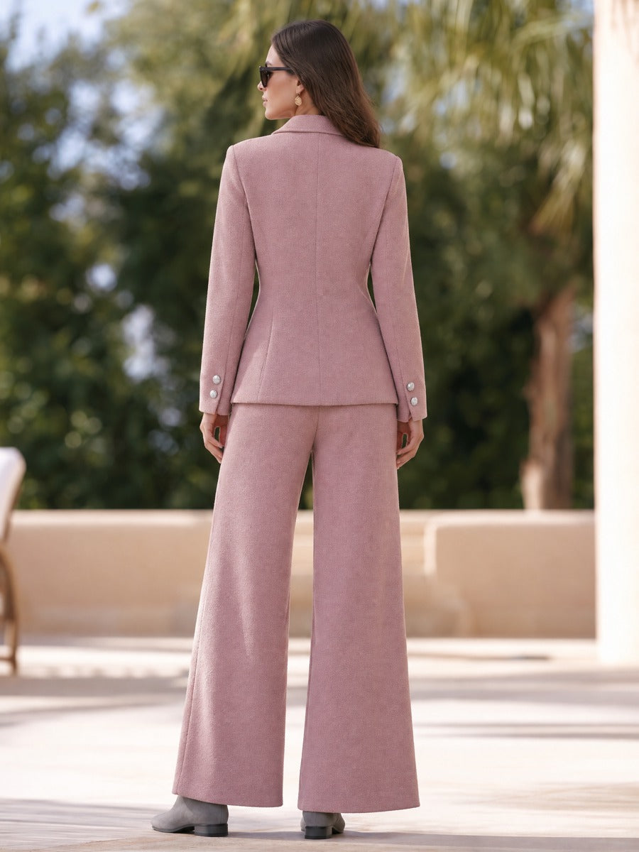 Women's Lapel Blazer and Wide-Leg Trousers Dusty Pink Textured Tweed Two-Piece Suit Set